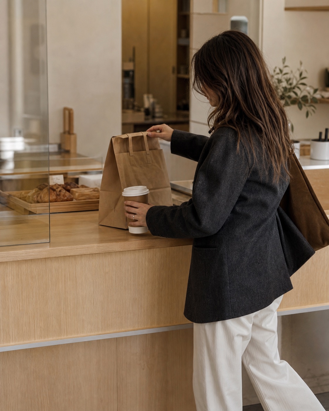 A customer picking up a bakery bag and coffee at a warm modern counter