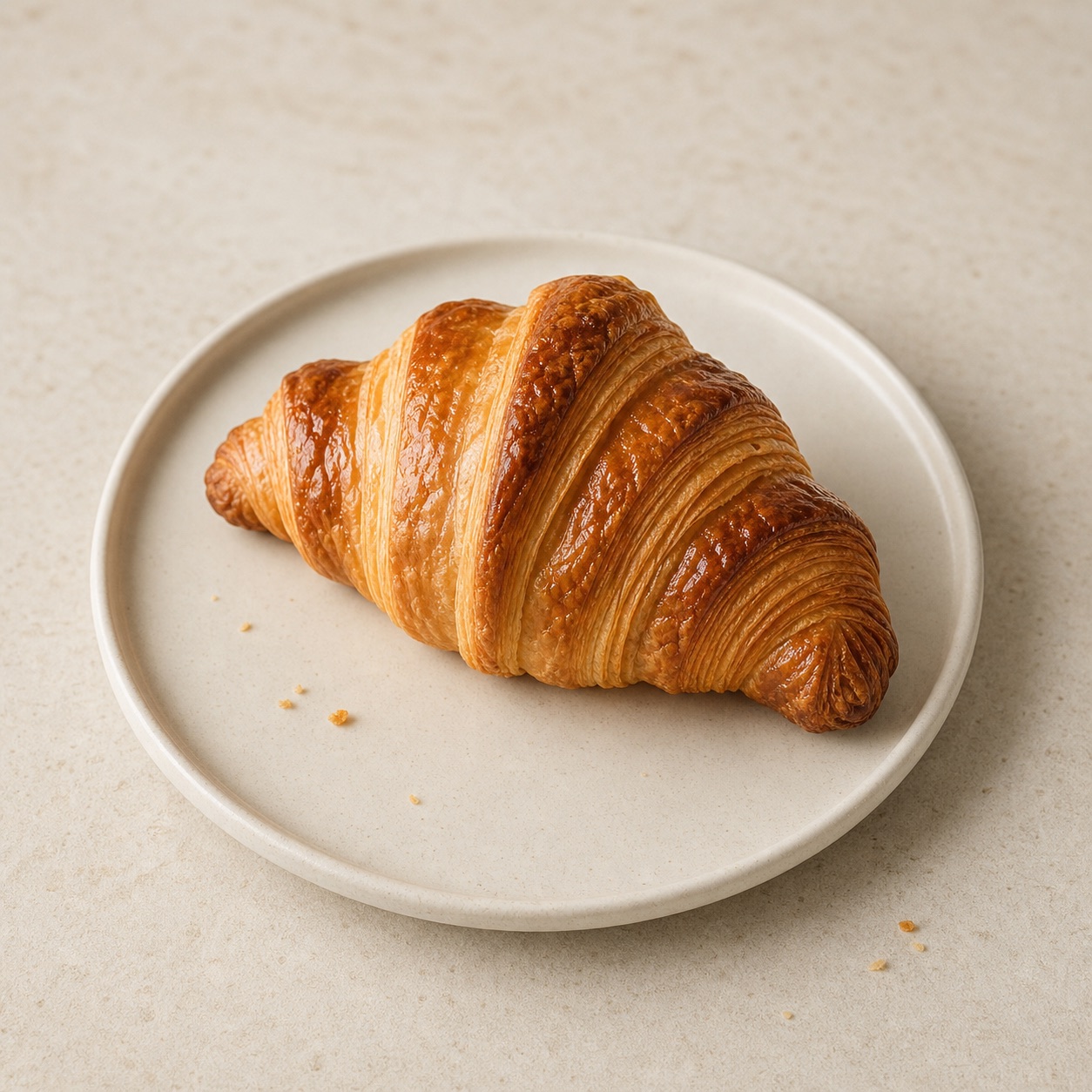 Butter croissant with crisp laminated layers on a cream ceramic plate