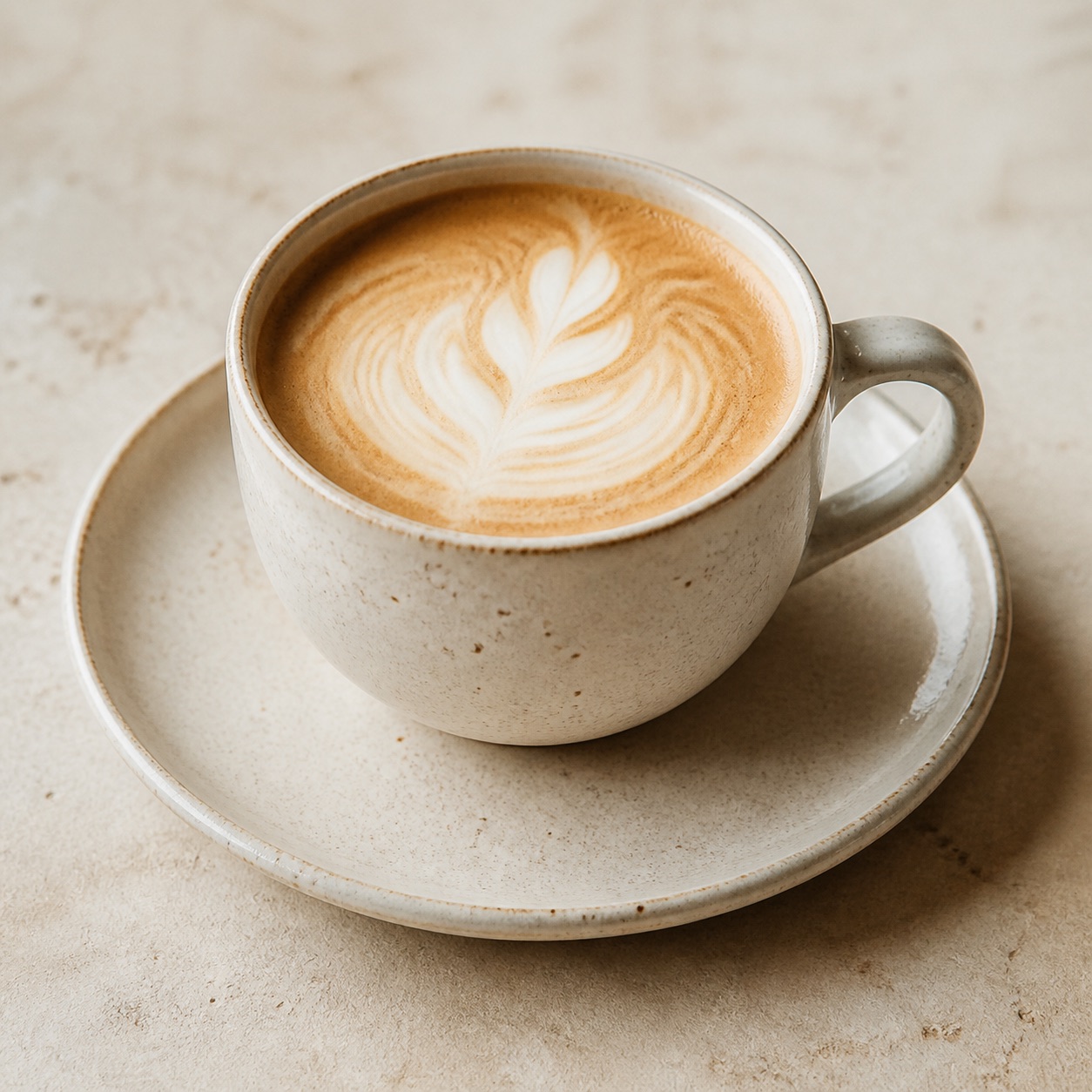 Café latte with soft latte art in a handmade ceramic cup