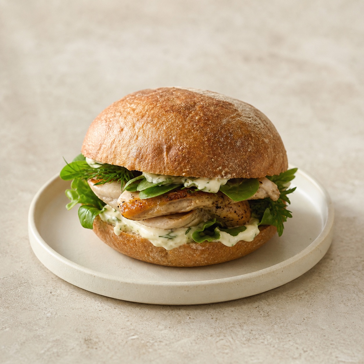 Chicken sandwich with greens and aioli on a cream ceramic plate