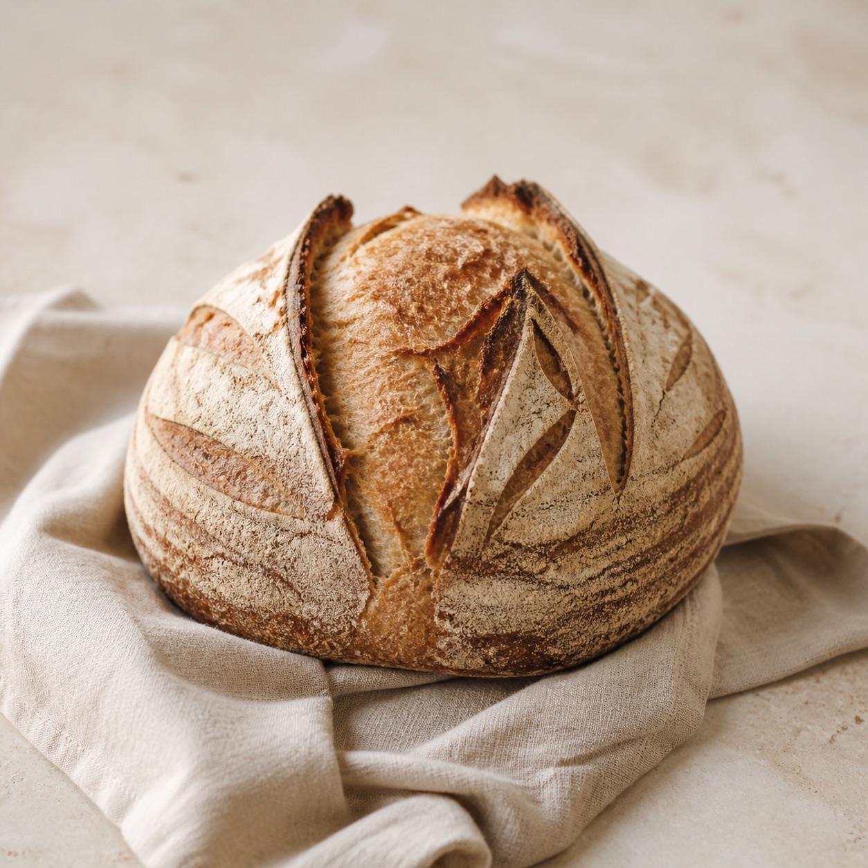 Country sourdough loaf on natural linen