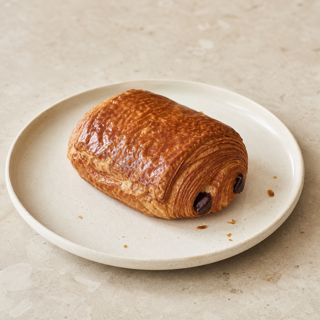 Pain au chocolat with visible dark chocolate on a cream ceramic plate